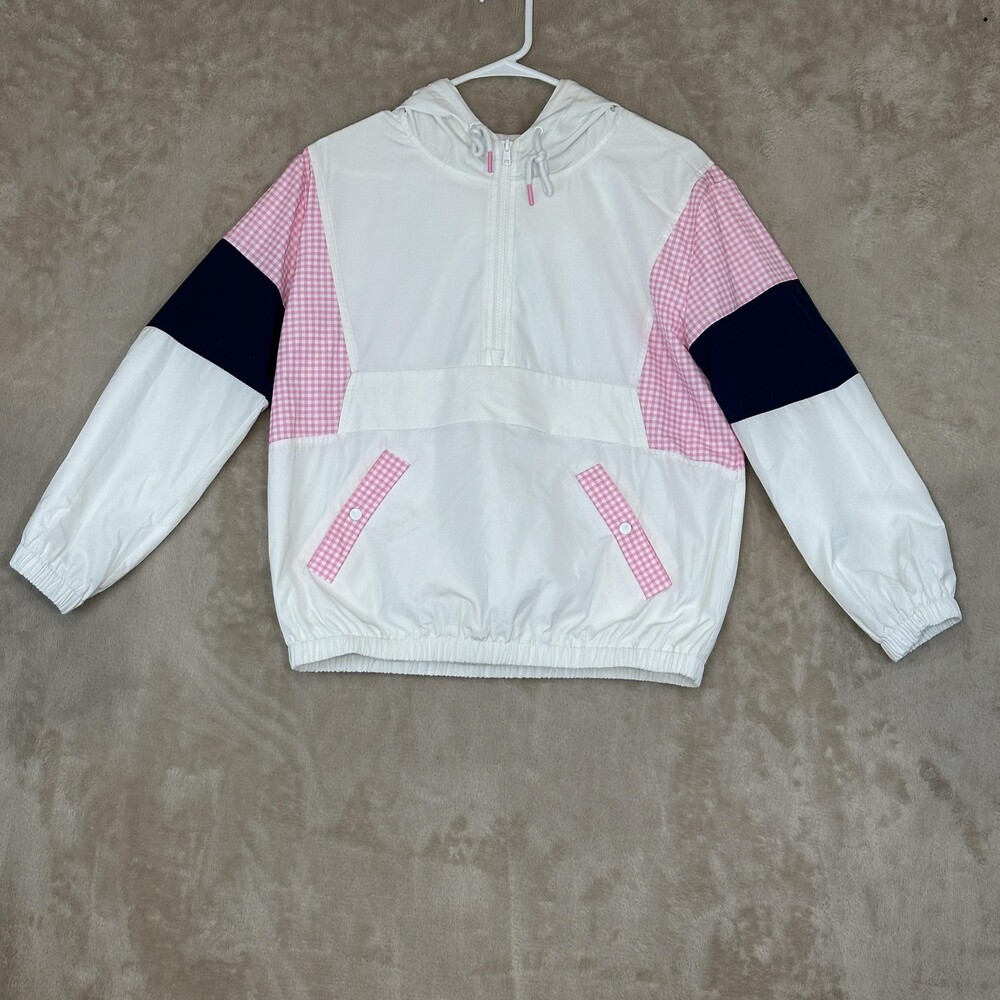 Crown & Ivy Jacket Womens Petite PS White Pink Hooded 1/2 Zip Gingham Anorak